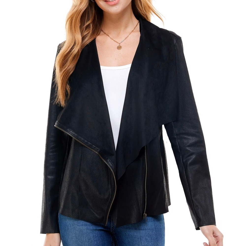 Moto Jacket L Black Faux Leather Suede Asymmetric Transitional Layering Draped